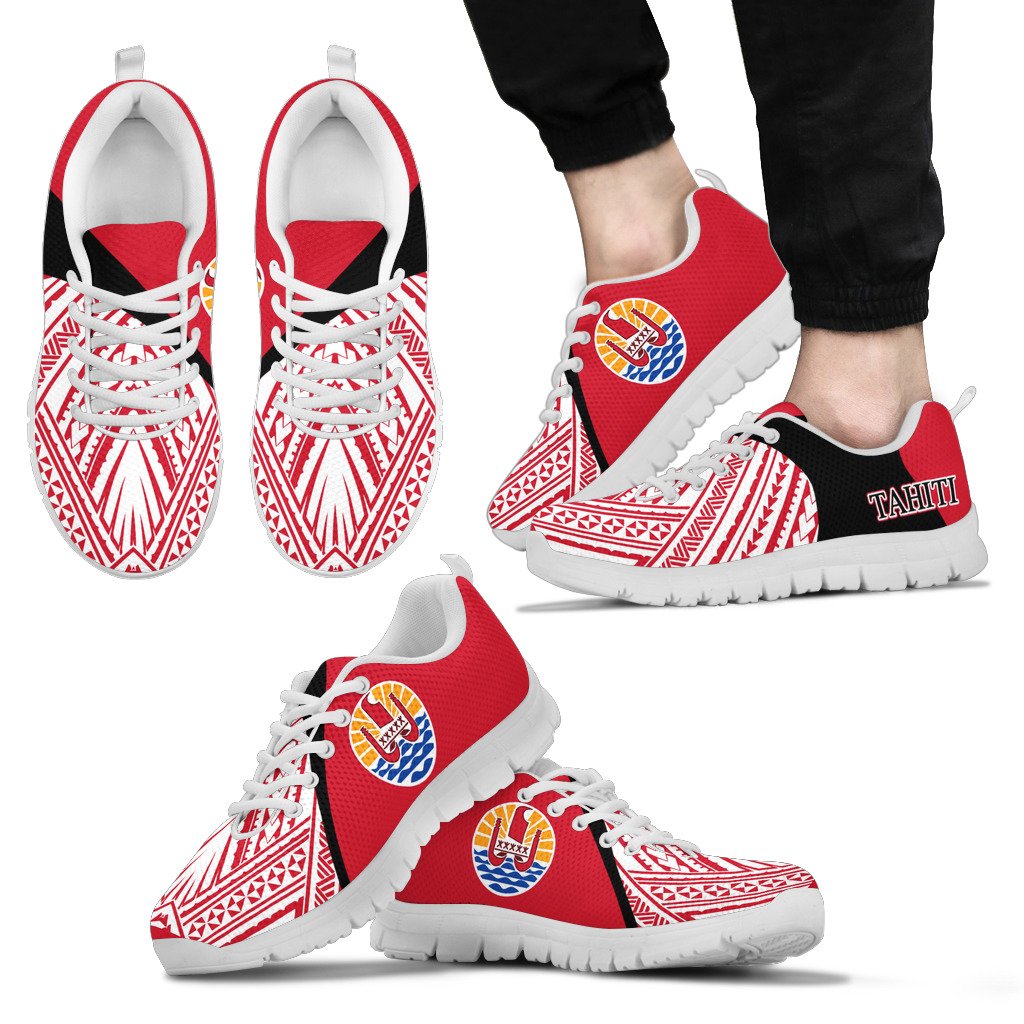 Tahiti French Polynesia Sneakers - Tahiti Flag Polynesian Tattoo Style Unisex White - Polynesian Pride