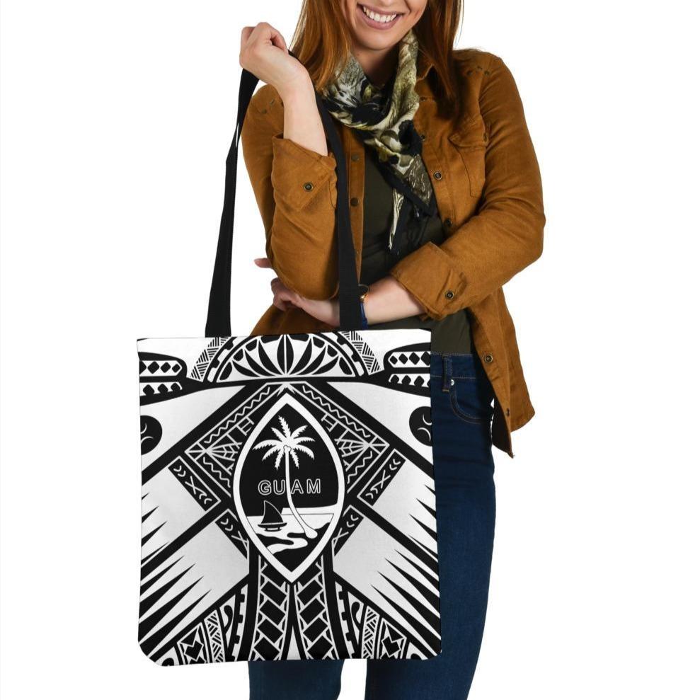 Guam Polynesian Tote Bags - Guam White Seal with Polynesian Tattoo Ver 01 Tote Bag One Size White - Polynesian Pride