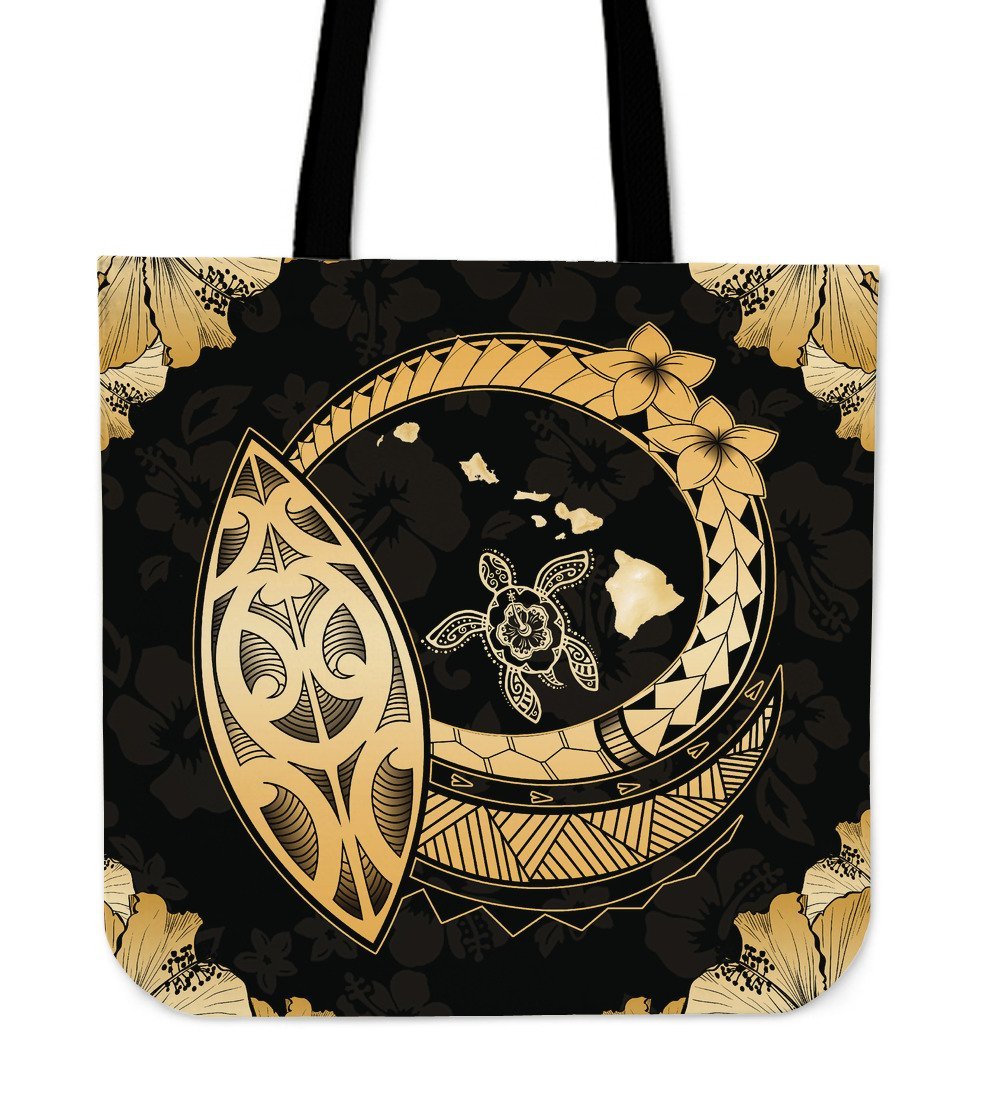 Hawaii Hibiscus Map Hidden Polynesian Gold Turtle Tote Bag Tote Bag One Size Gold - Polynesian Pride