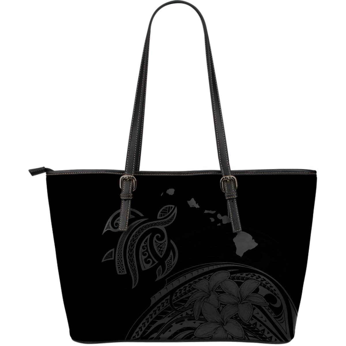 Hawaii Map Plumeria Polynesian Gray Turtle Large Leather Tote Gray - Polynesian Pride