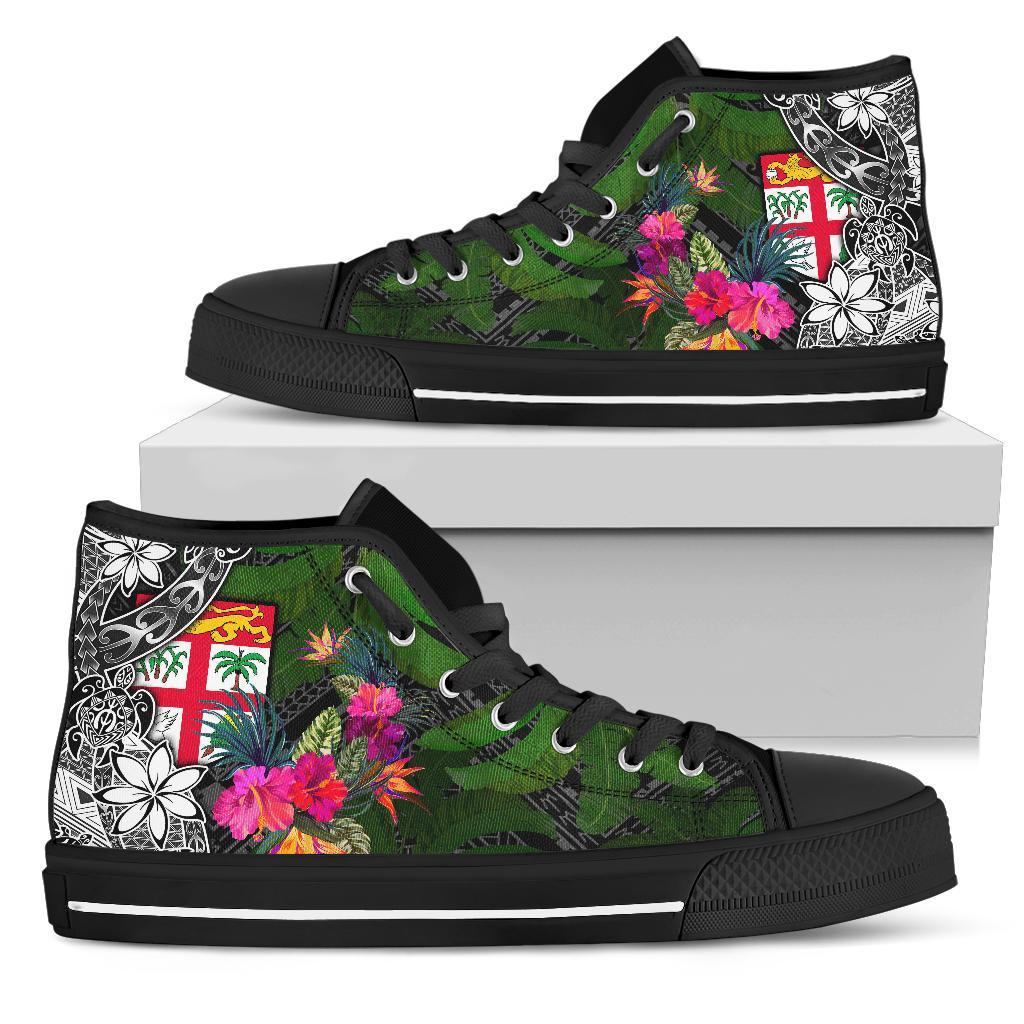 Fiji High Top Shoes - Turtle Plumeria Banana Leaf Unisex Black - Polynesian Pride