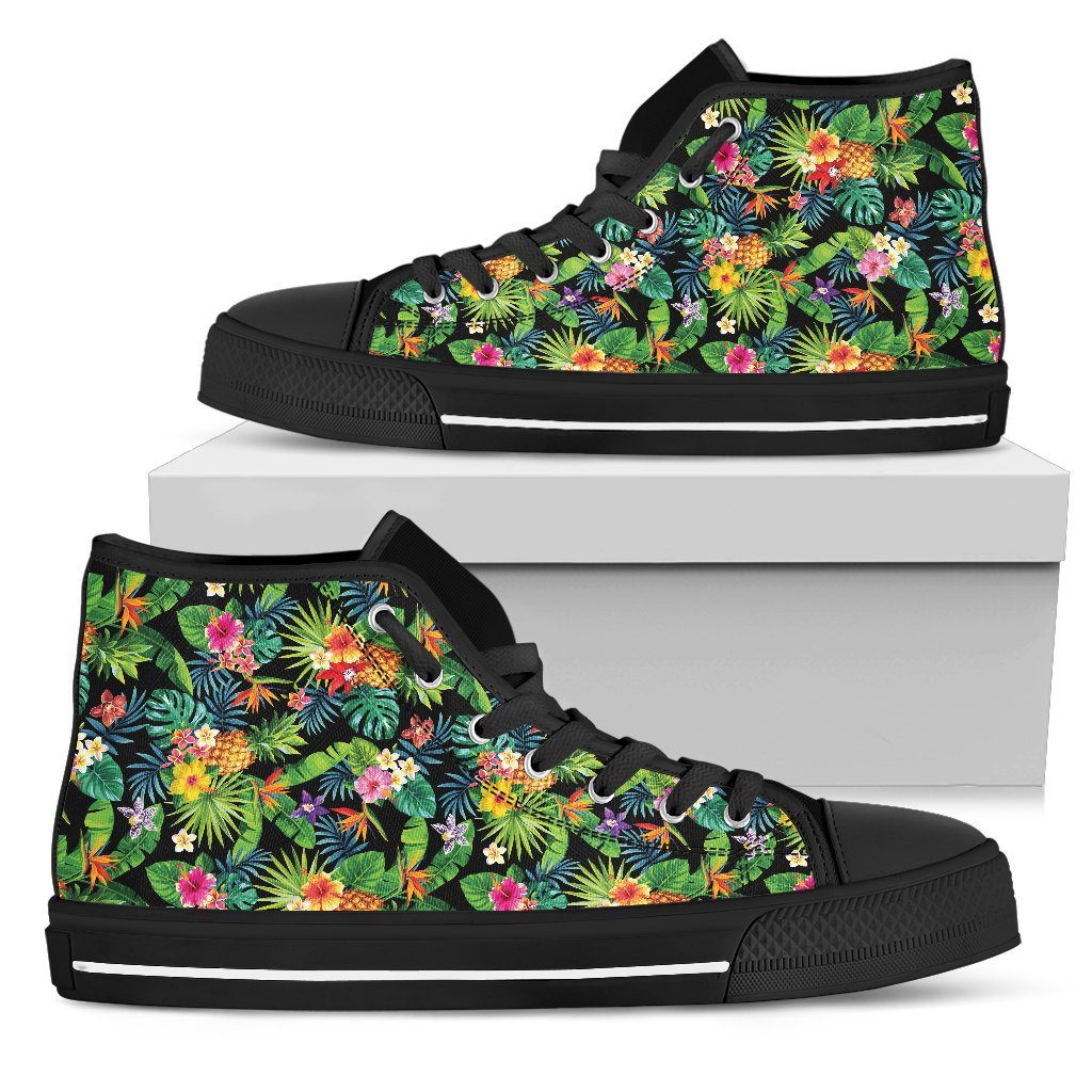 Hawaiian Shoes - Tropical Pattern With Pineapples, Palm Leaves And Flowers. High Top Shoes Mens High Top Black - Polynesian Pride