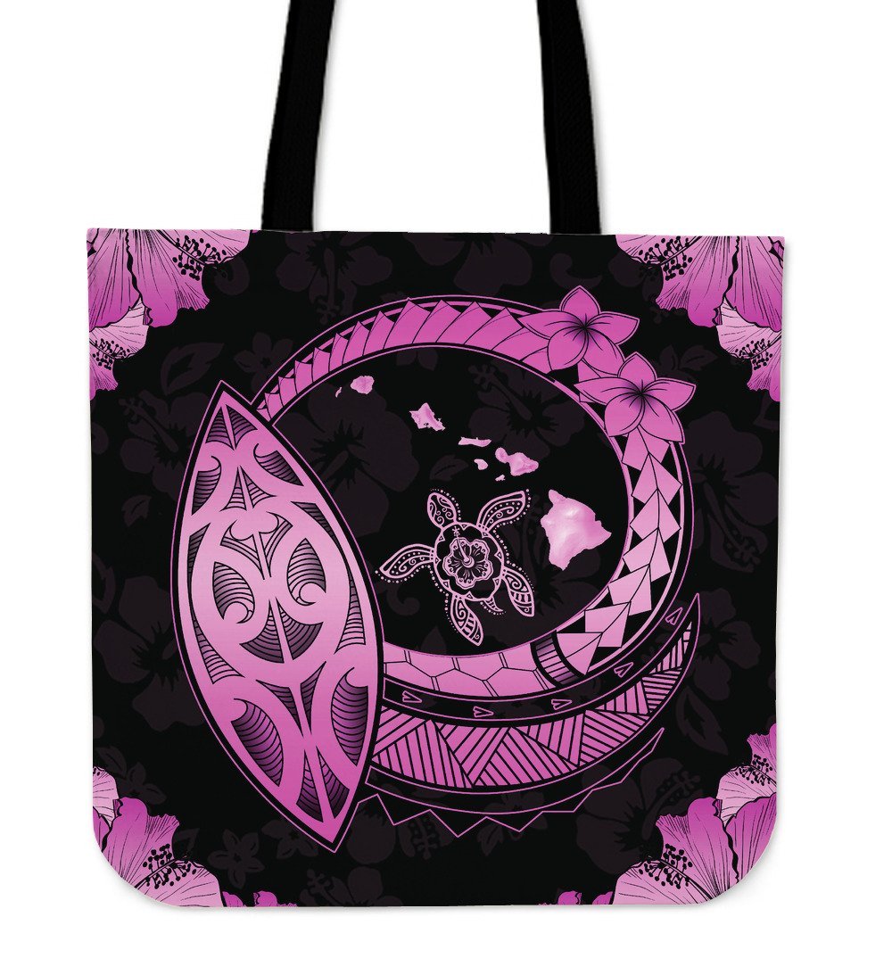 Hawaii Hibiscus Map Hidden Polynesian Pink Turtle Tote Bag Tote Bag One Size Pink - Polynesian Pride