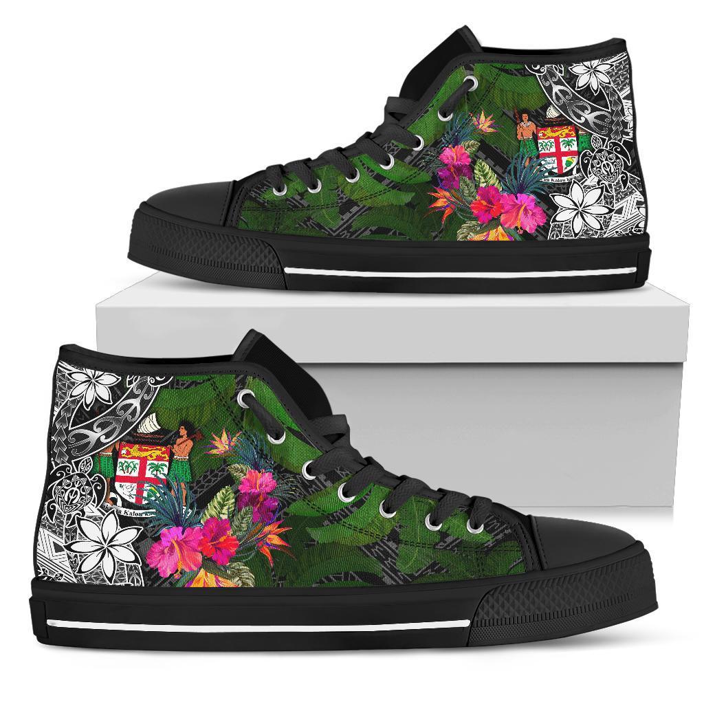 Fiji High Top Shoes - Turtle Plumeria Banana Leaf Crest Unisex Black - Polynesian Pride