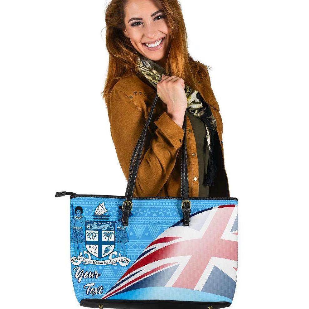 Fiji Custom Personalised Leather Tote Bag - Fiji Flag Blue - Polynesian Pride