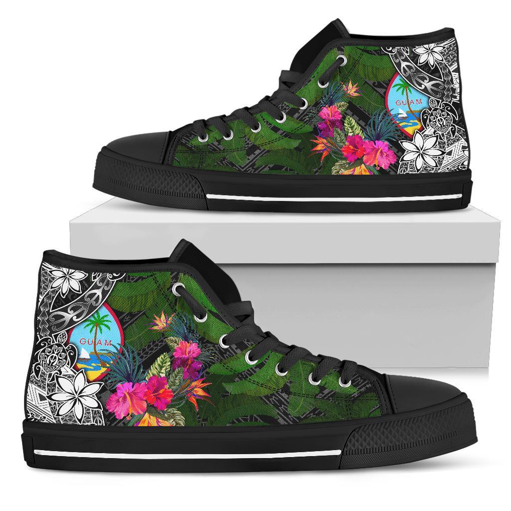 Guam High Top Shoes - Turtle Plumeria Banana Leaf Unisex Black - Polynesian Pride