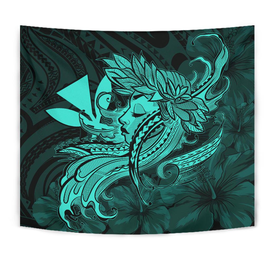 Hula Girl Hibiscus Kanaka Poly Tapestry - Turquoise - Polynesian Pride