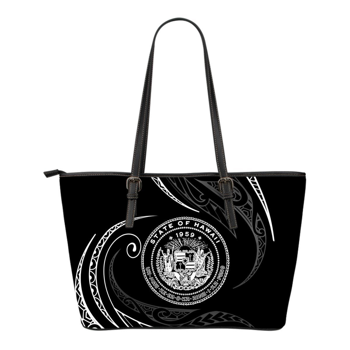 Hawaii Coat Of Arms Small Leather Tote - White - Frida Style Black - Polynesian Pride