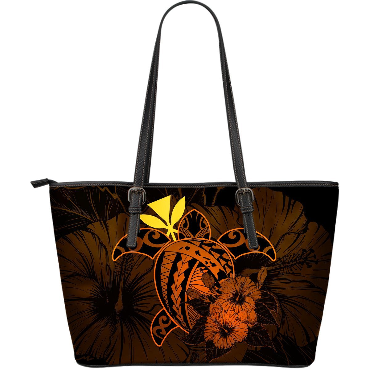 Hawaii Hibiscus Large Leather Tote Bag - Harold Turtle - Orange Orange - Polynesian Pride