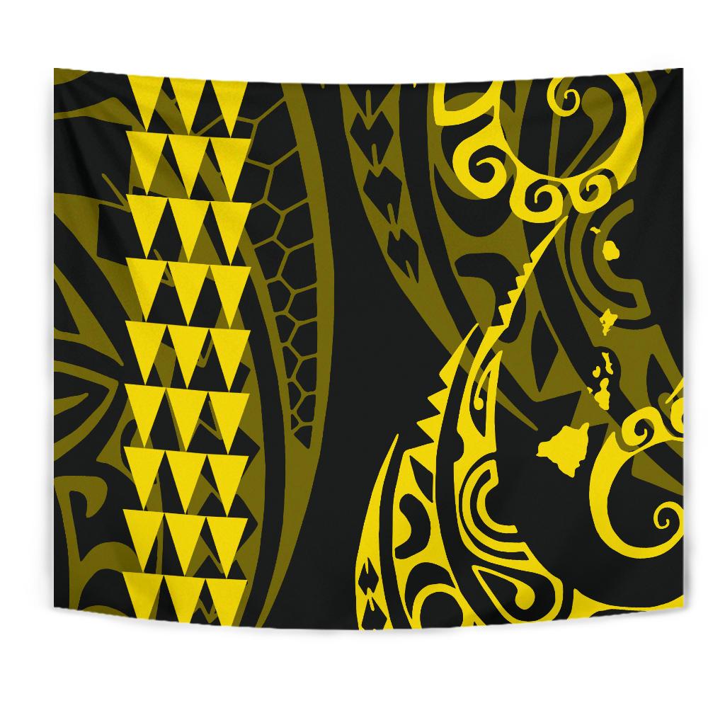 Hawaii Kakau Yellow Polynesian Tribal Tapestry Wall Tapestry Yellow - Polynesian Pride