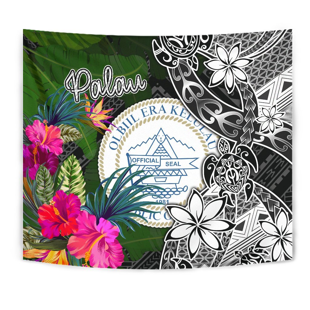 Palau Tapestry - Turtle Plumeria Banana Leaf Crest Wall Tapestry Black - Polynesian Pride