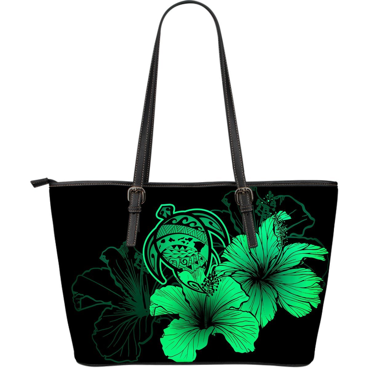 Hawaii Hibiscus Large Leather Tote Bag - Turtle Map - Pastel Green Green - Polynesian Pride