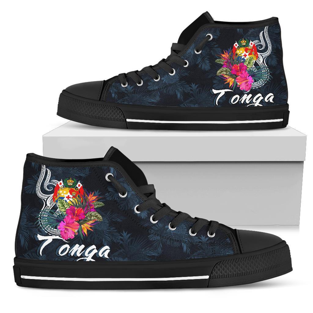 Tonga Polynesian High Top Shoes - Tropical Flower Unisex Black - Polynesian Pride