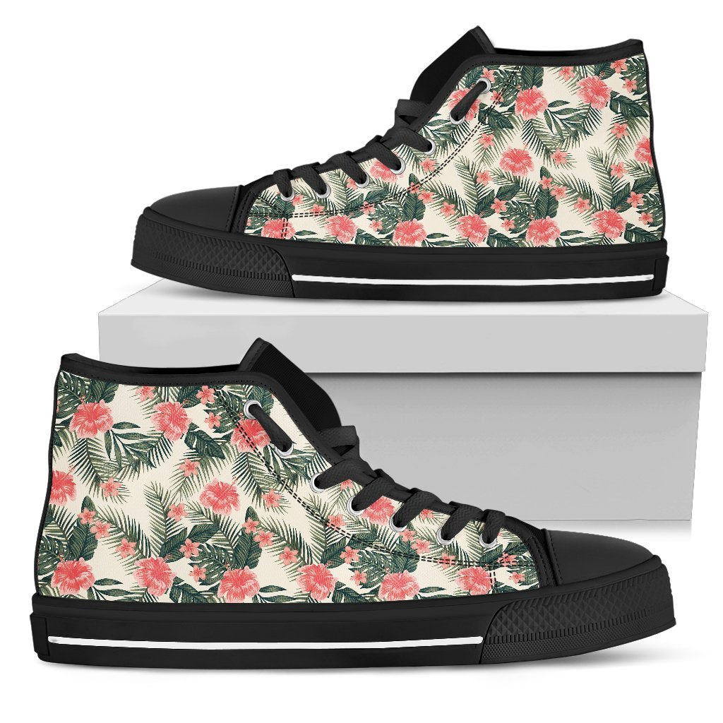 Hawaiian Shoes - Hibiscus Plumeria Tropical Red High Top Shoes Mens High Top Black - Polynesian Pride