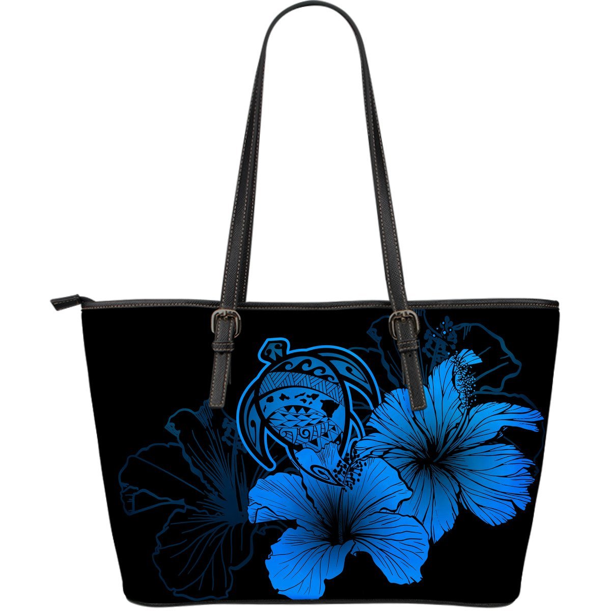 Hawaii Hibiscus Large Leather Tote Bag - Turtle Map - Traffic Blue Blue - Polynesian Pride