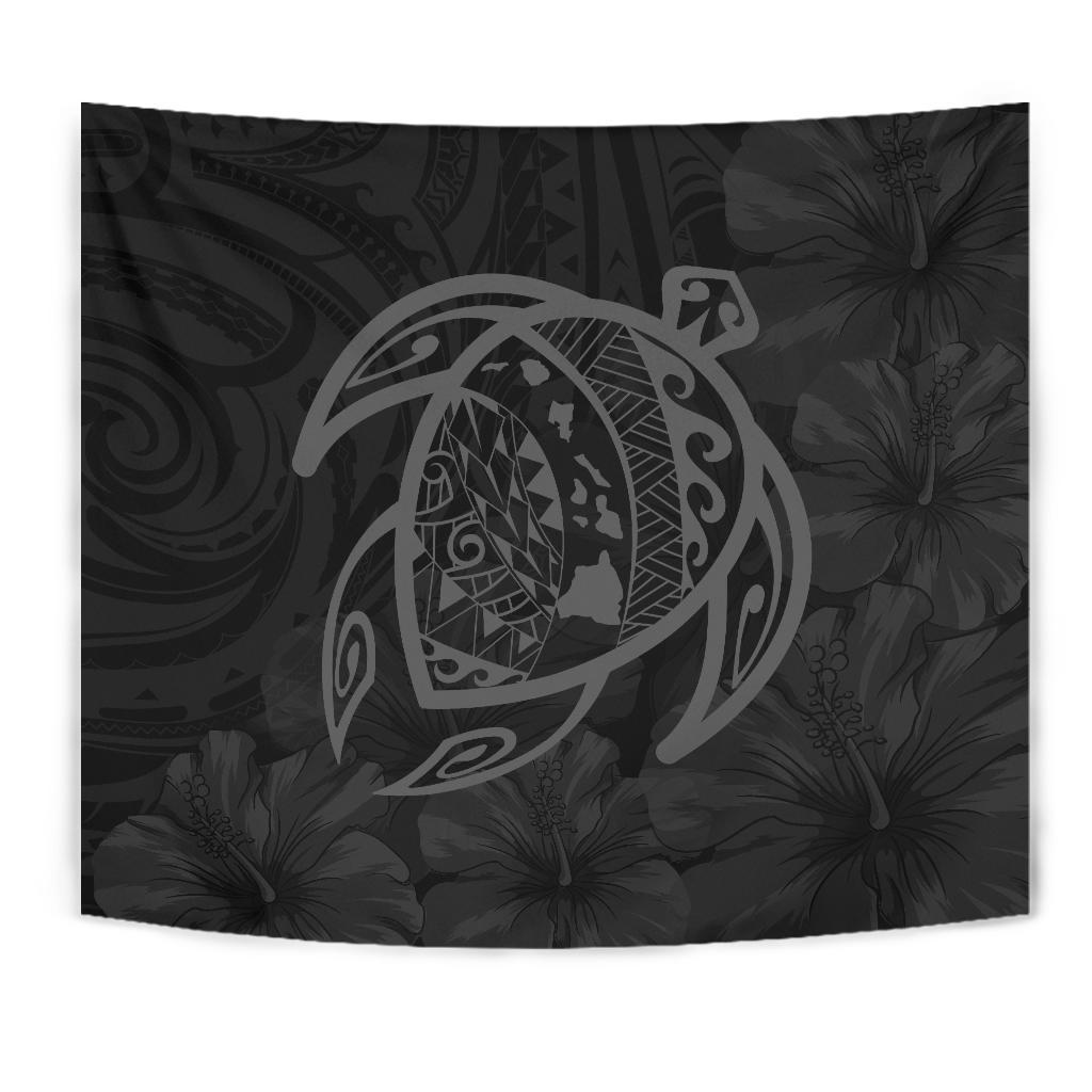 Hawaii Turtle Kanaka Map Hibiscus Poly Tapestry - Gray - Polynesian Pride