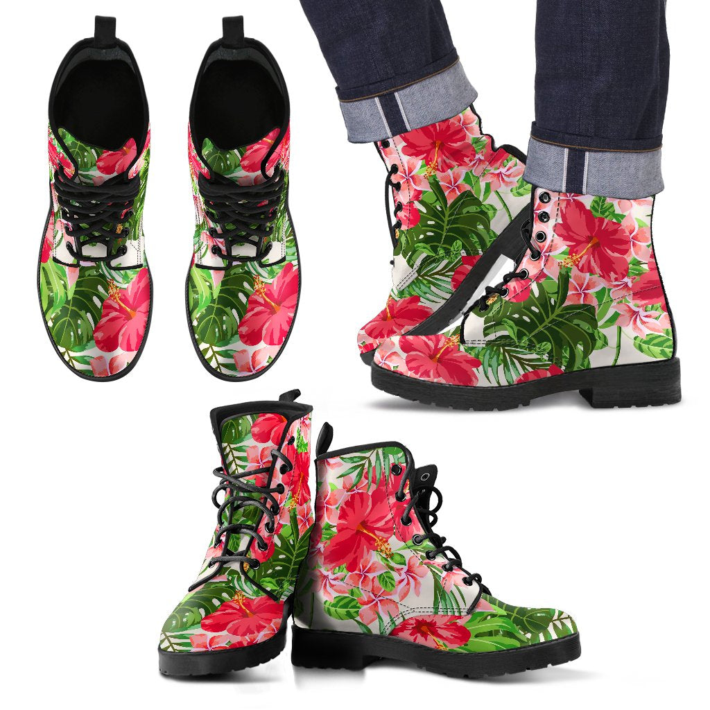 Hawaii Pink Hibiscus Leather Boots Black & Red - Polynesian Pride