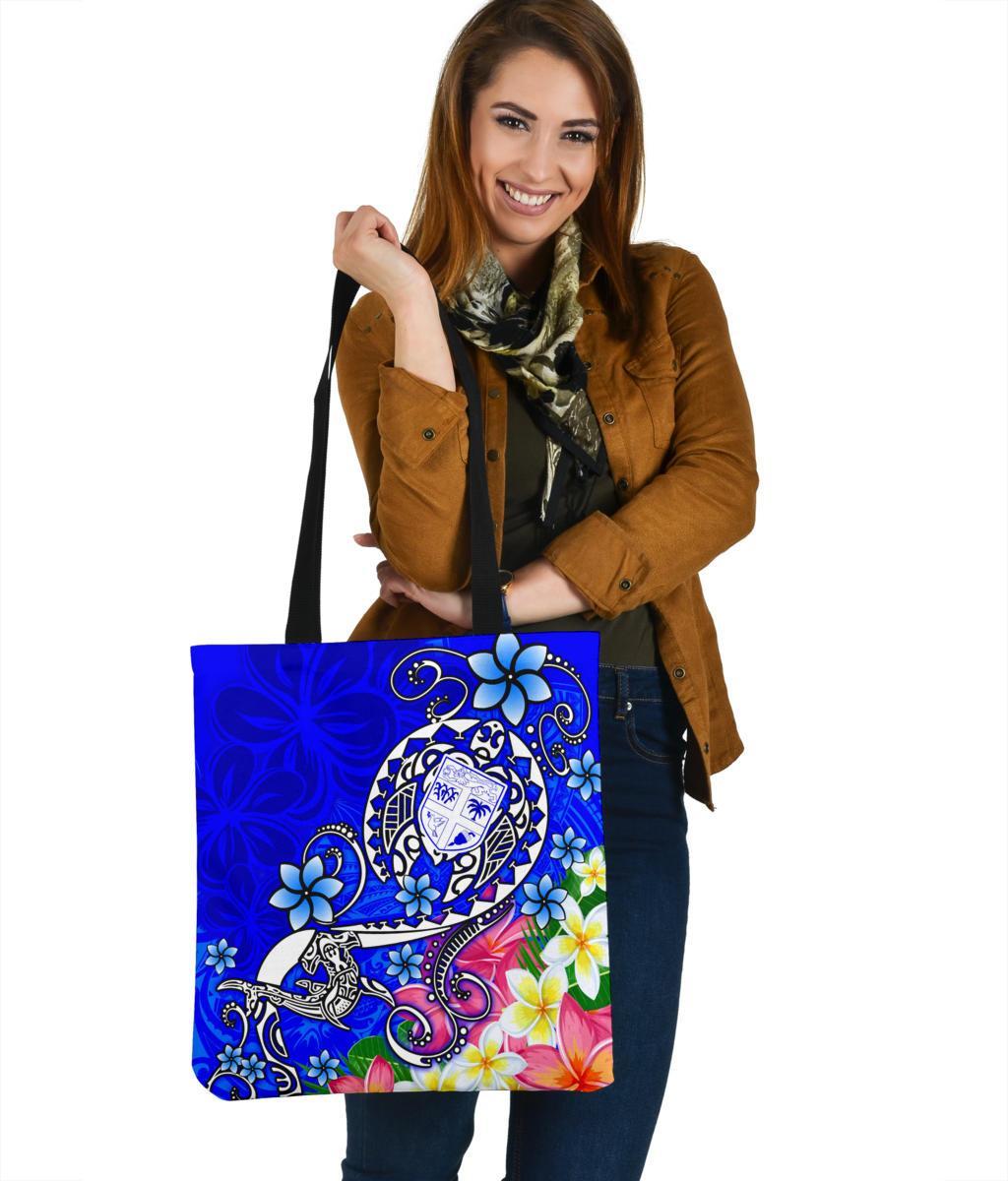 Fiji Tote Bags - Turtle Plumeria (Blue) Tote Bag One Size Blue - Polynesian Pride