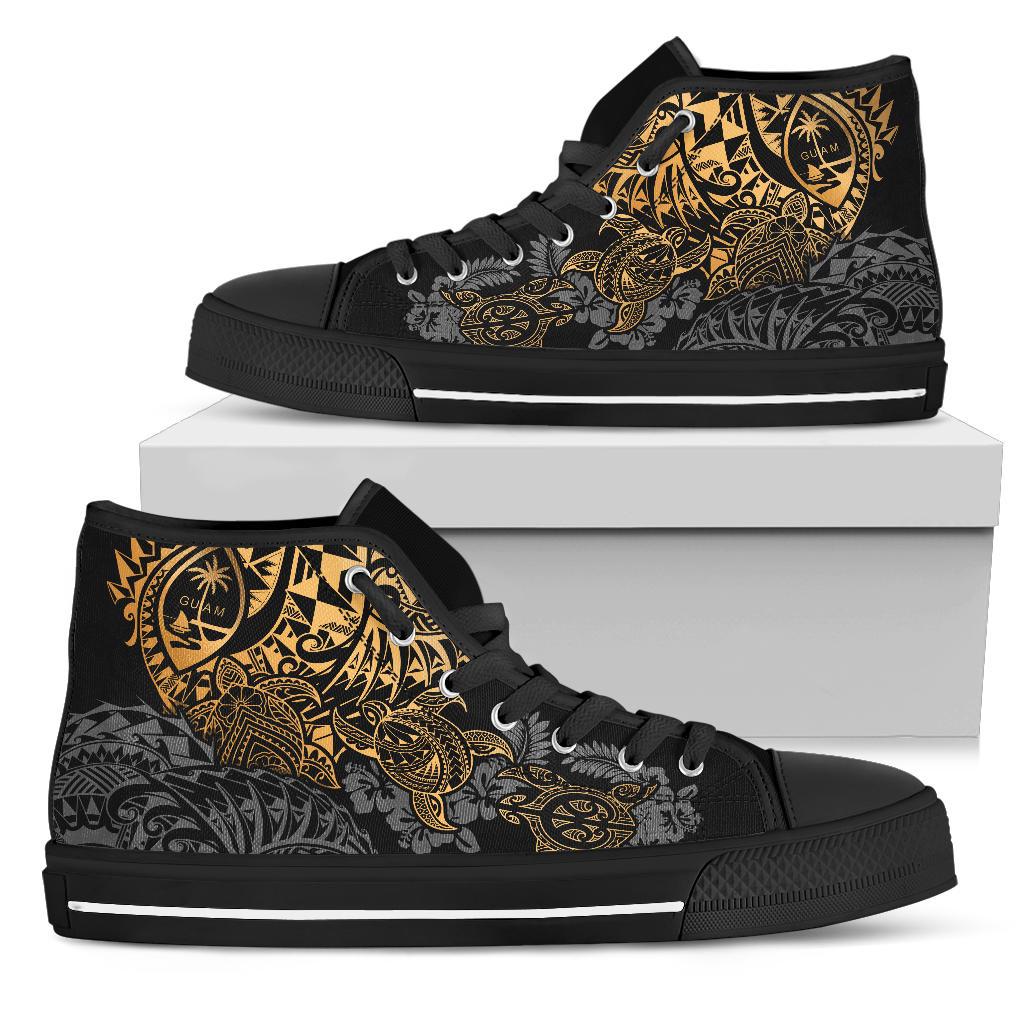 Guam Polynesian High Top Shoes - Gold Turtle Flowing Unisex Black - Polynesian Pride