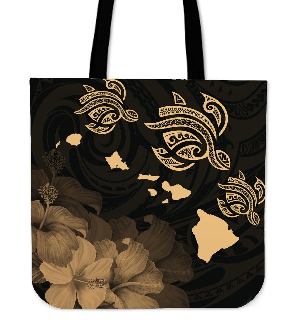 Hawaii Hibiscus Map Polynesian Ancient Gold Turtle Tote Bag Tote Bag One Size Gold - Polynesian Pride