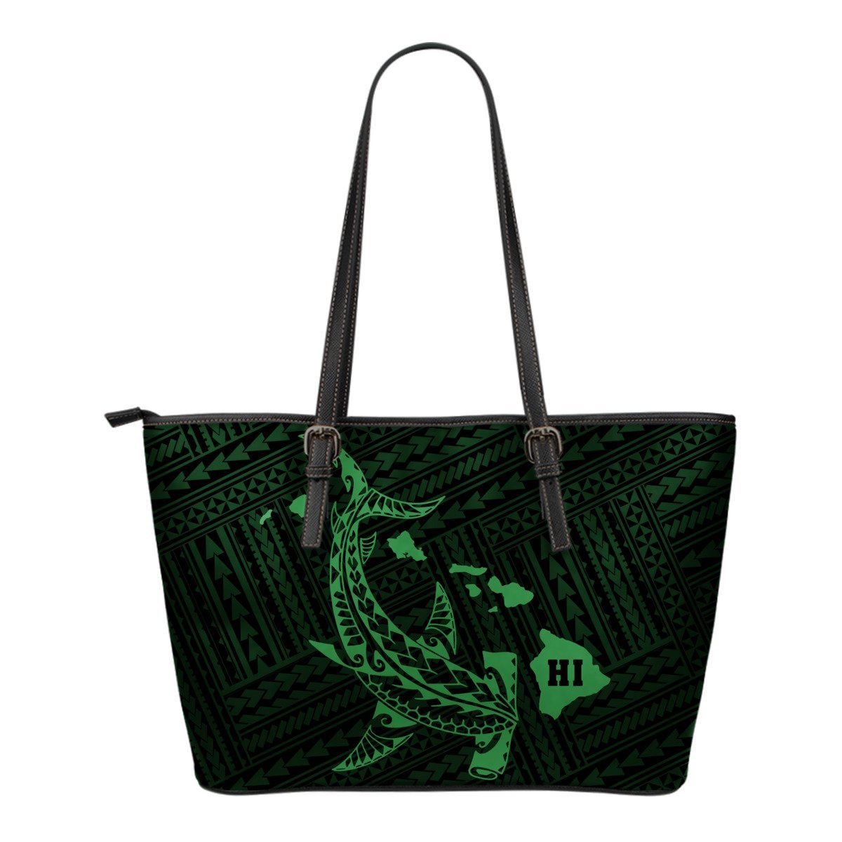 Hawaii Shark Green Polynesian Small Leather Tote Green - Polynesian Pride