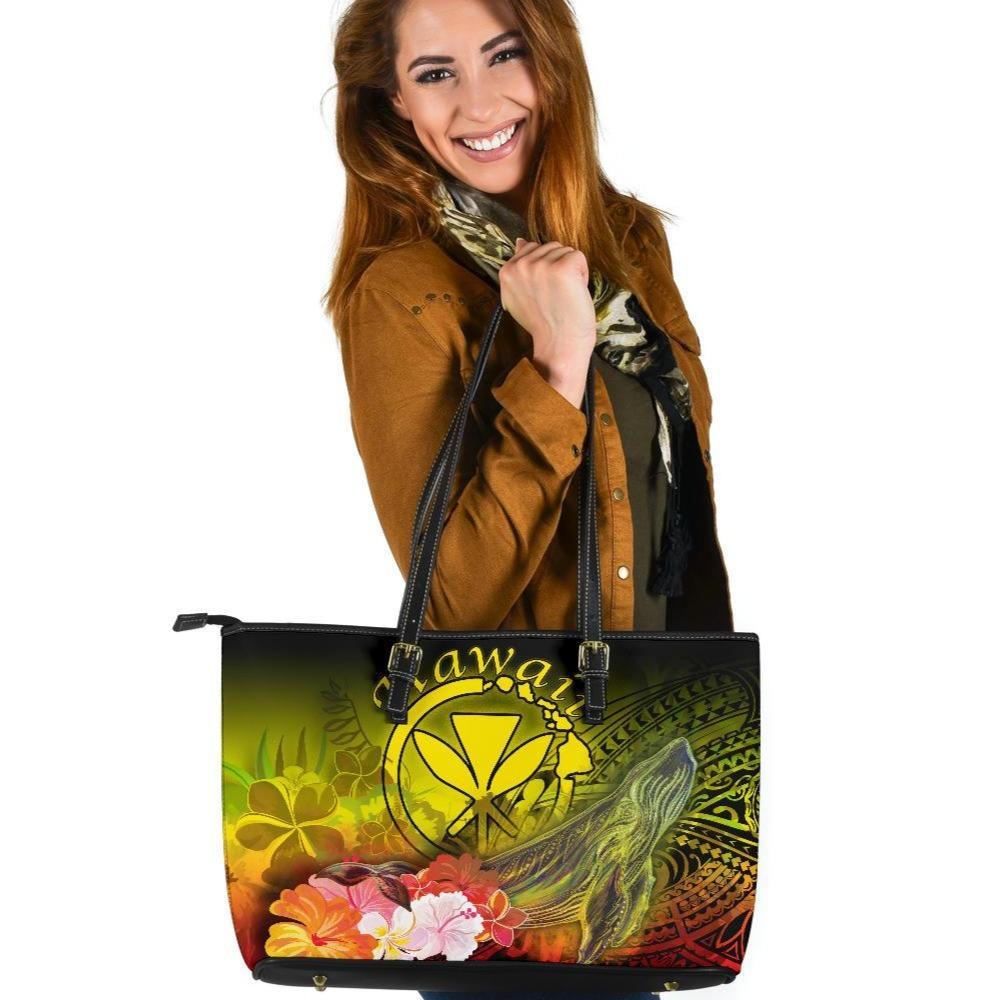 Polynesian Hawaii Large Leather Tote Bags - Kanaka Maoli Humpback Whale with Tropical Flowers (Yellow) Yellow - Polynesian Pride