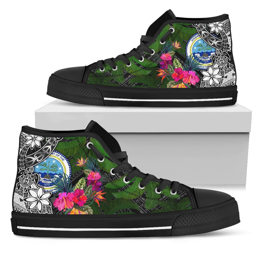 Federated States of Micronesia High Top Shoes - Turtle Plumeria Banana Leaf Unisex Black - Polynesian Pride