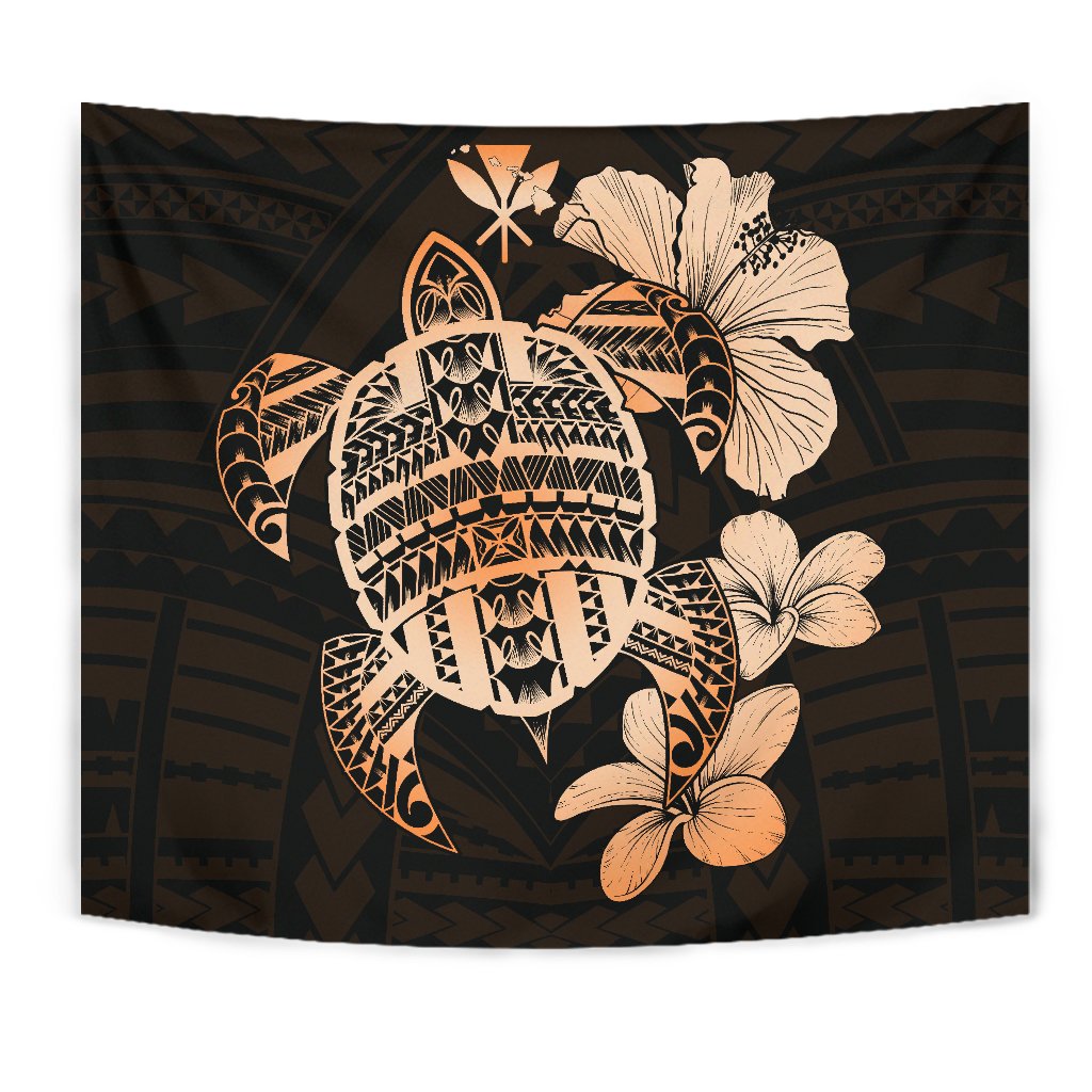 Hawaiian Kanaka Hibiscus Plumeria Mix Polynesian Turtle Tapestry Orange AH Wall Tapestry Orange - Polynesian Pride