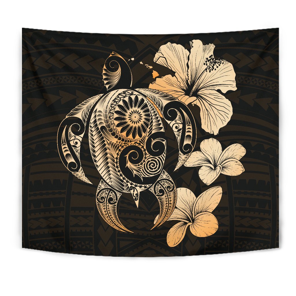 Hibiscus Plumeria Mix Polynesian Orange Turtle Tapestry - Polynesian Pride