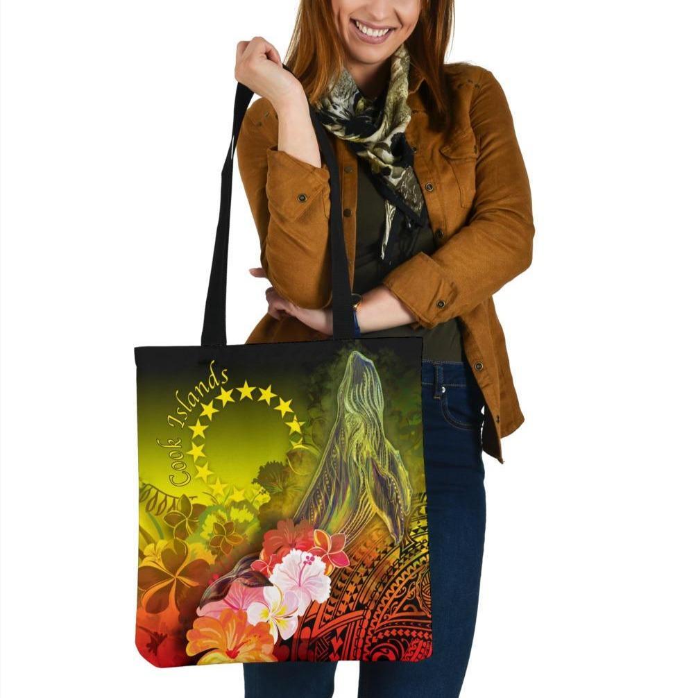 Cook Islands Tote Bags - Humpback Whale with Tropical Flowers (Yellow) Tote Bag One Size Yellow - Polynesian Pride