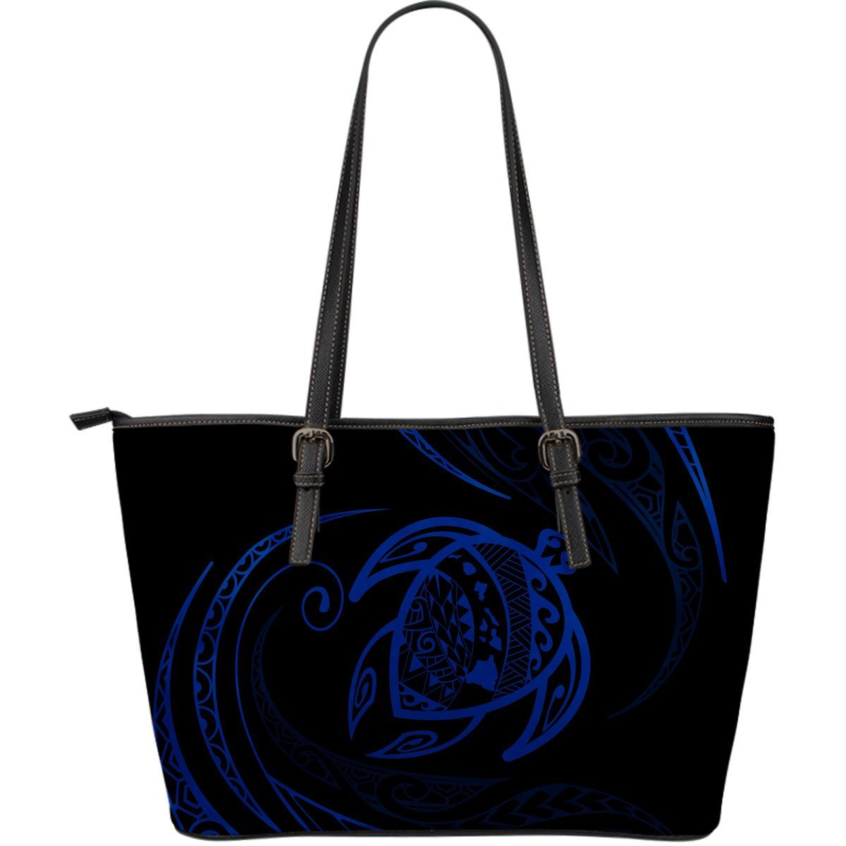 Hawaii Turtle Large Leather Tote - Blue - Frida Style Black - Polynesian Pride