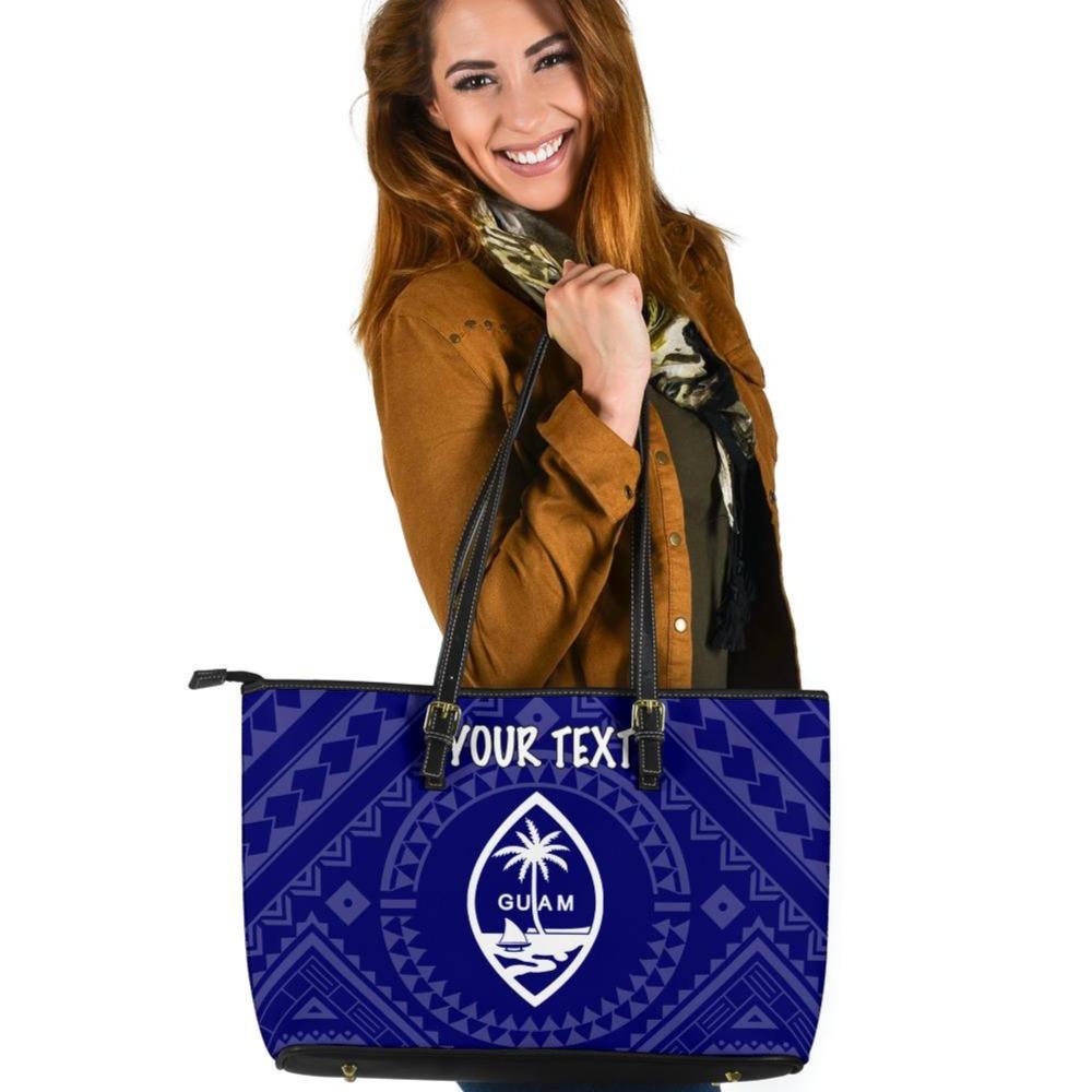 Guam Personalised Leather Tote Bag - Guam Seal With Polynesian Tattoo Style (Blue) Blue - Polynesian Pride