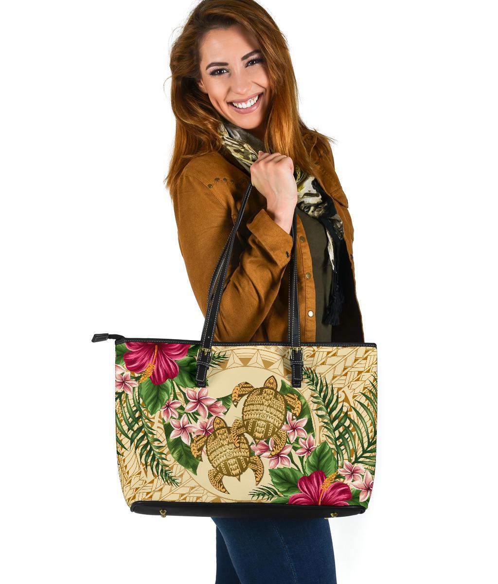 Hawaii Leather Tote - Turtle Strong Pattern Hibiscus Plumeria AH Gold - Polynesian Pride