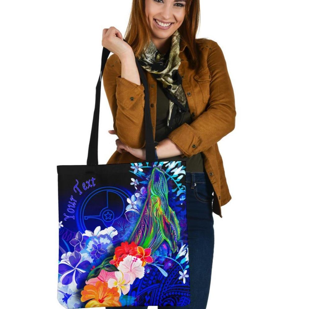 Custom Personalised Yap Tote Bags - Humpback Whale with Tropical Flowers (Blue) Tote Bag One Size Blue - Polynesian Pride