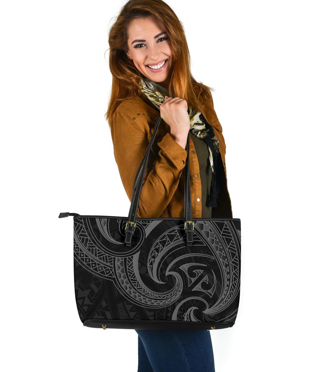 New Zealand Maori Mangopare Large Leather Tote Polynesian - Black Black - Polynesian Pride