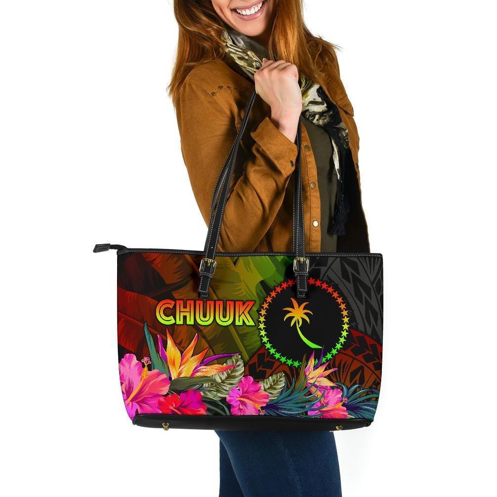 Chuuk Polynesian Large Leather Tote Bag - Hibiscus and Banana Leaves Reggae - Polynesian Pride