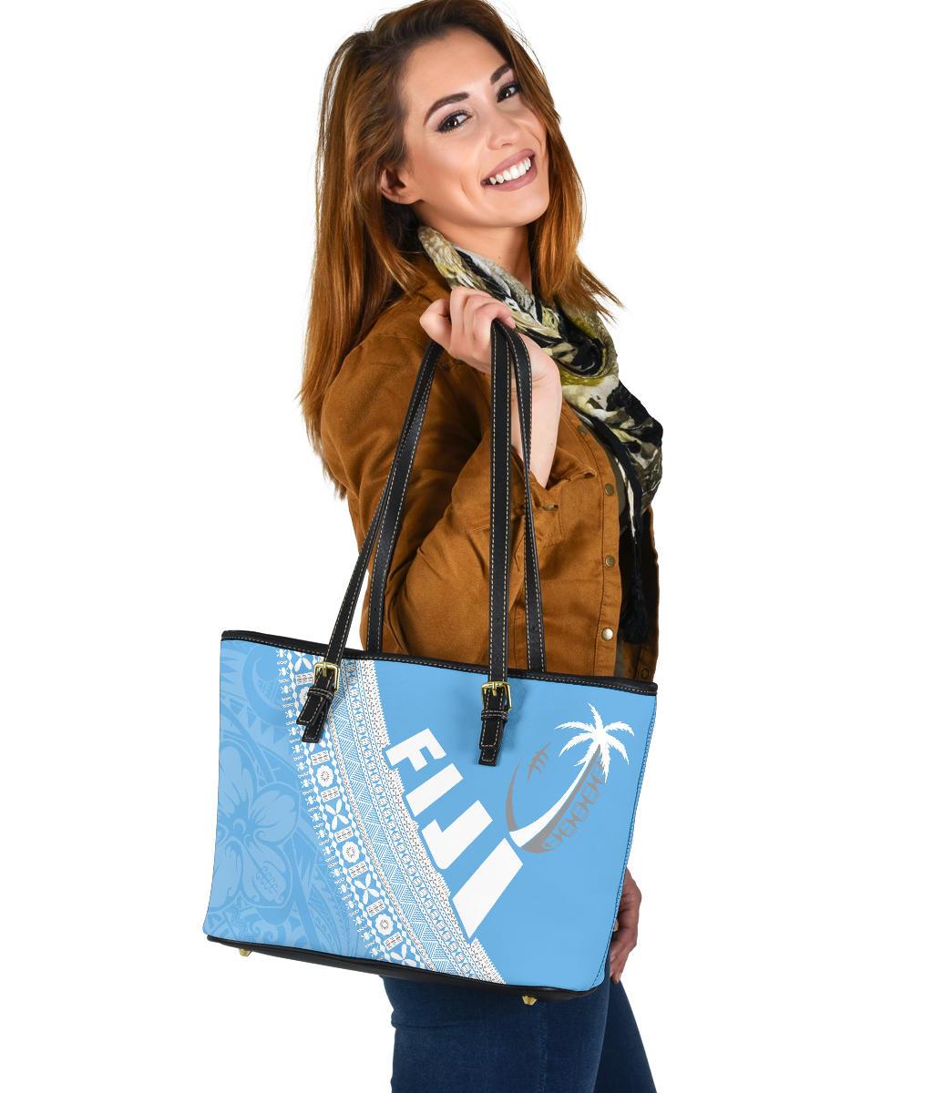 Fiji Tapa Rugby Small Leather Tote version Style You Win - Blue Blue - Polynesian Pride