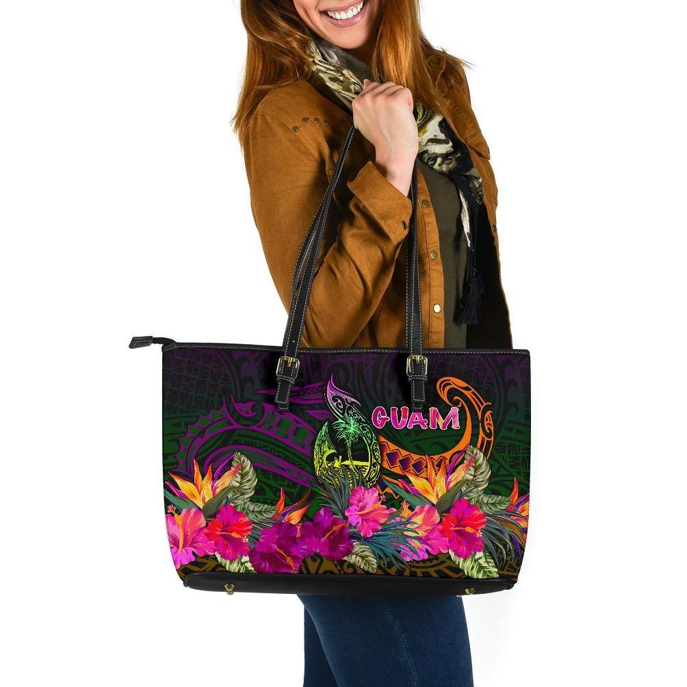 Guam Polynesian Large Leather Tote Bag - Summer Hibiscus Reggae - Polynesian Pride