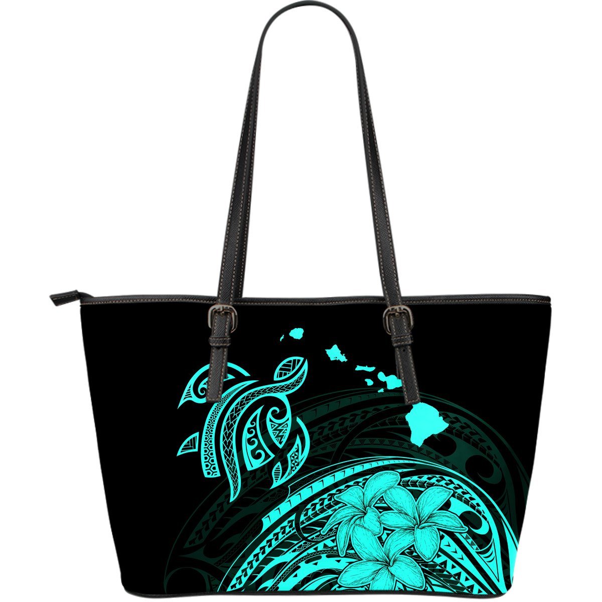 Hawaii Map Plumeria Polynesian Turquoise Turtle Large Leather Tote Turquoise - Polynesian Pride