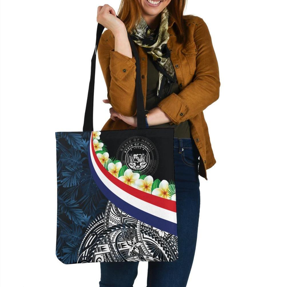 Polynesian Hawaii Tote Bags - Hawaii Seal With Plumeria Style Tote Bag One Size Black - Polynesian Pride