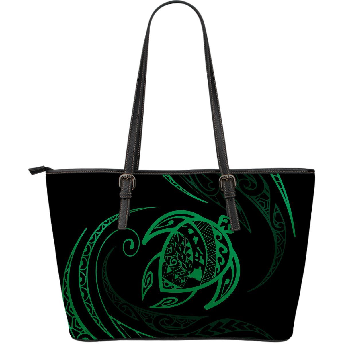 Hawaii Turtle Large Leather Tote - Green - Frida Style Black - Polynesian Pride