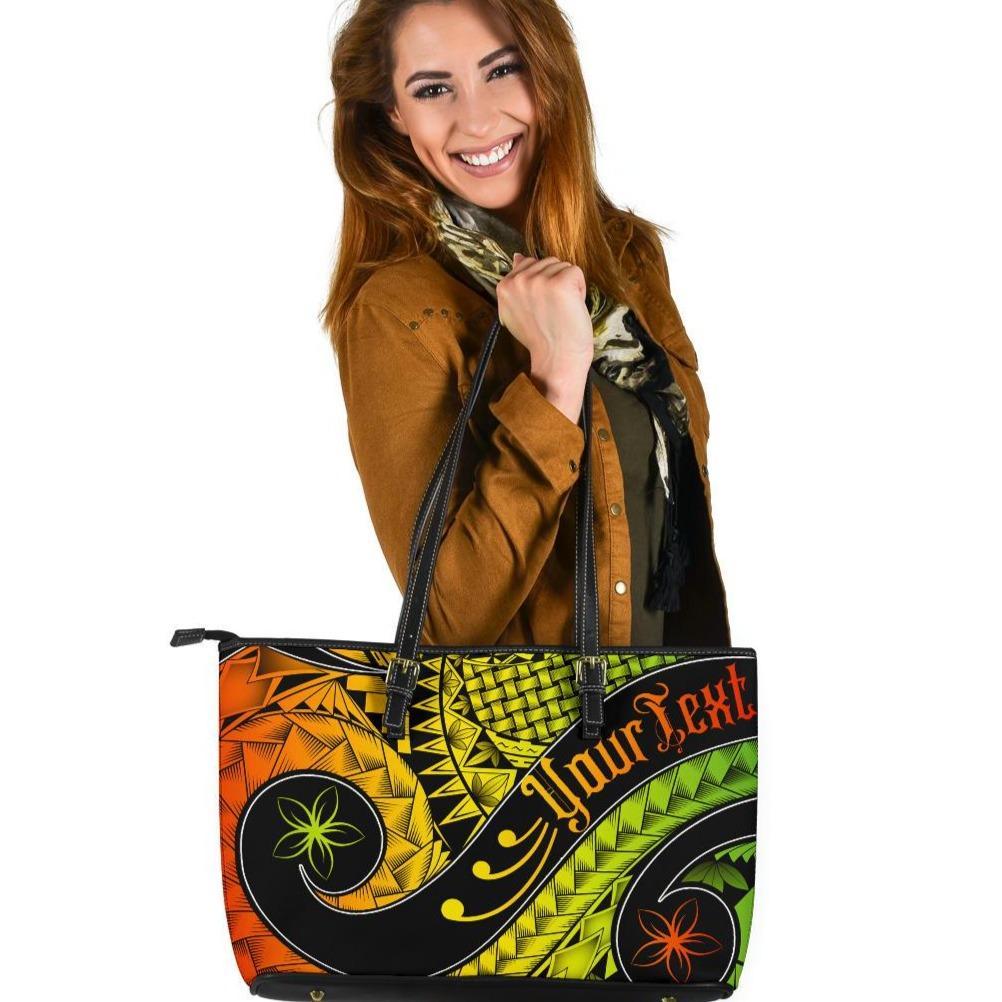 Hawaii Personalised Leather Tote Bag - Hawaii Polynesian Decorative Patterns Black - Polynesian Pride