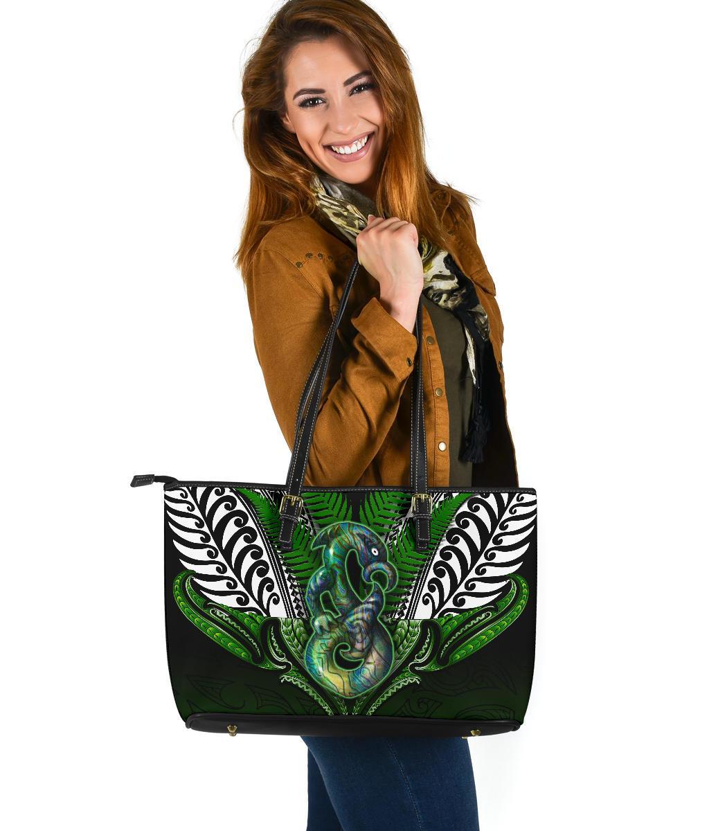 Manaia Mythology Large Leather Tote Silver Fern Maori Tattoo Green - Polynesian Pride