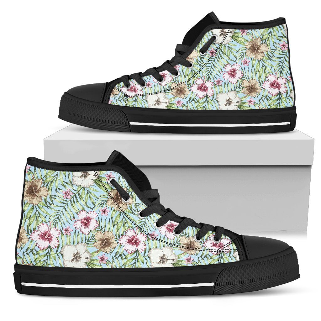 Hawaiian Shoes - Tropical Hibiscus Palm Leaves High Top Shoes Mens High Top Black - Polynesian Pride