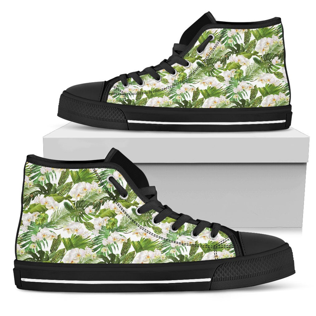 Hawaiian Shoes - Tropical Plumeria White High Top Shoes Mens High Top Black - Polynesian Pride