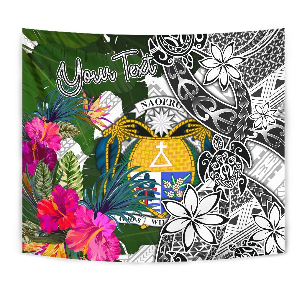 Nauru Custom Personalised Tapestry White - Turtle Plumeria Banana Leaf Crest Wall Tapestry White - Polynesian Pride