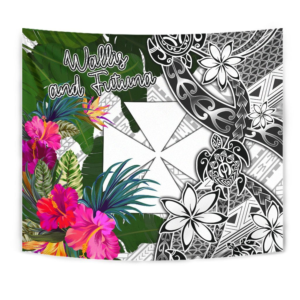 Wallis And Futuna Tapestry White - Turtle Plumeria Banana Leaf Wall Tapestry White - Polynesian Pride