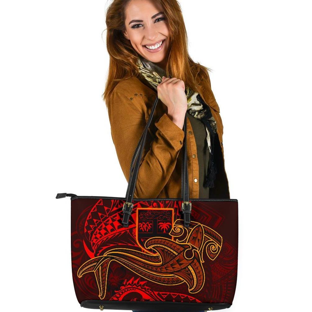 Fiji Leather Tote Bag - Red Shark Polynesian Tattoo Red - Polynesian Pride