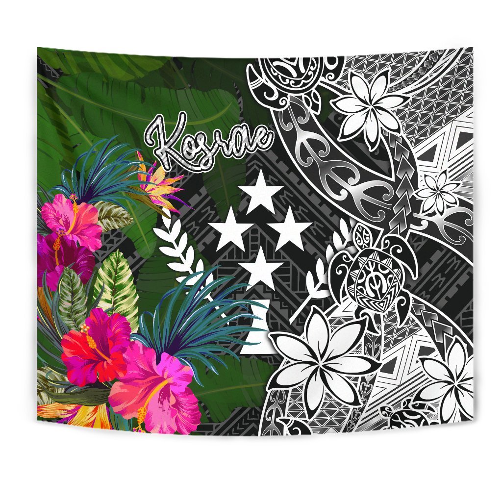 Kosrae Tapestry - Turtle Plumeria Banana Leaf Wall Tapestry Black - Polynesian Pride