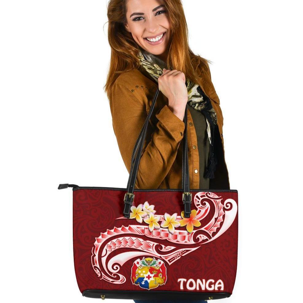 Tonga Leather Tote - Tonga Coat Of Arms With Polynesian Patterns Black - Polynesian Pride